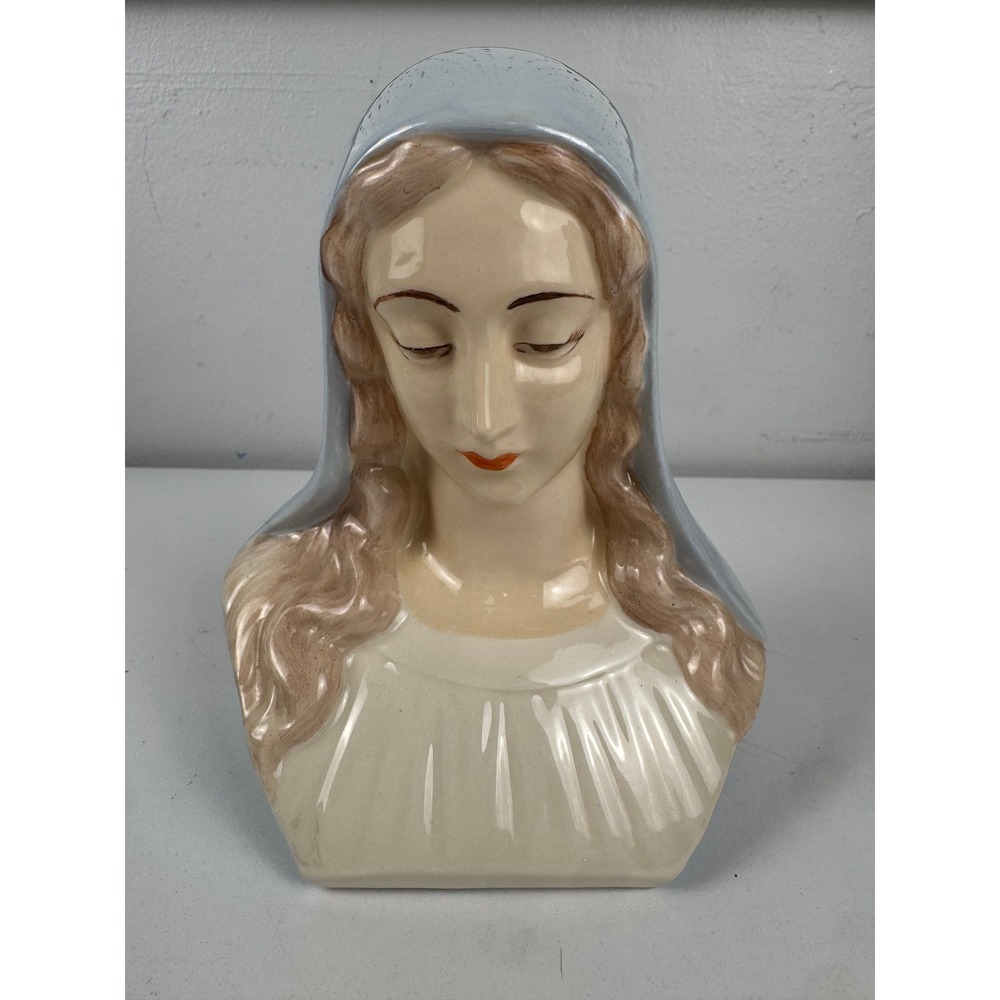 Vtg Virgin Mary Madonna Bust Ceramic Figurine Iridescent Blue‎ Catholic Decor